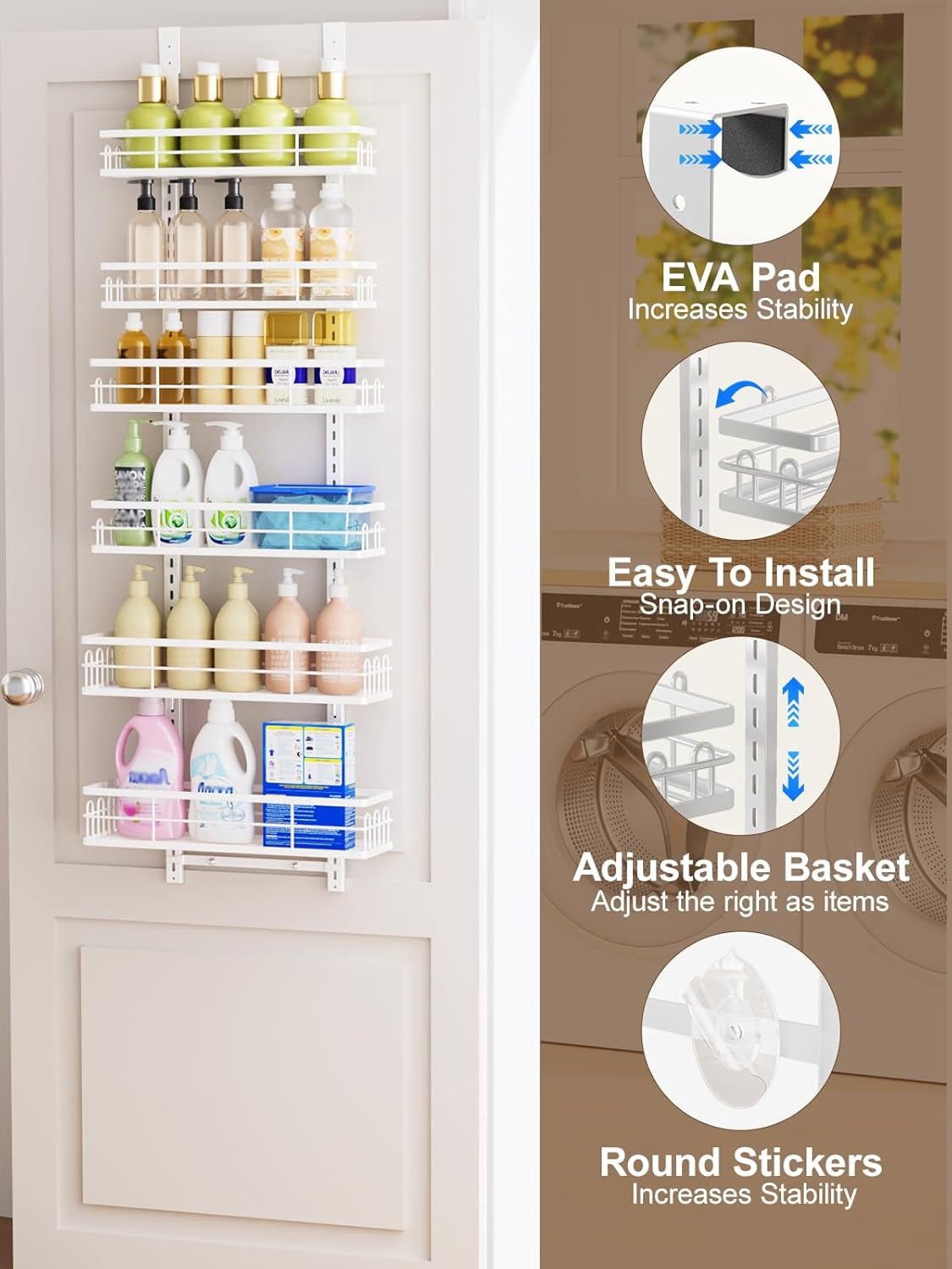 Delamu Over the Door Pantry Organizer, 6 Tier Pantry Door Organizer with Adjustable Basket, Door Spice Rack Seasoning Organizer, Metal Hanging Pantry Organizers and Storage for Kitchen,15.3" White