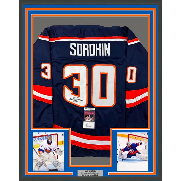 Framed Autographed/Signed Ilya Sorokin 35x39 New York Blue Reverse Retro Hockey Jersey JSA COA