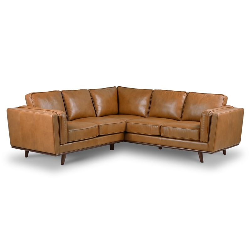Mid Century Modern Everdale Tan Genuine, Brown Leather Corner Sofa Bed