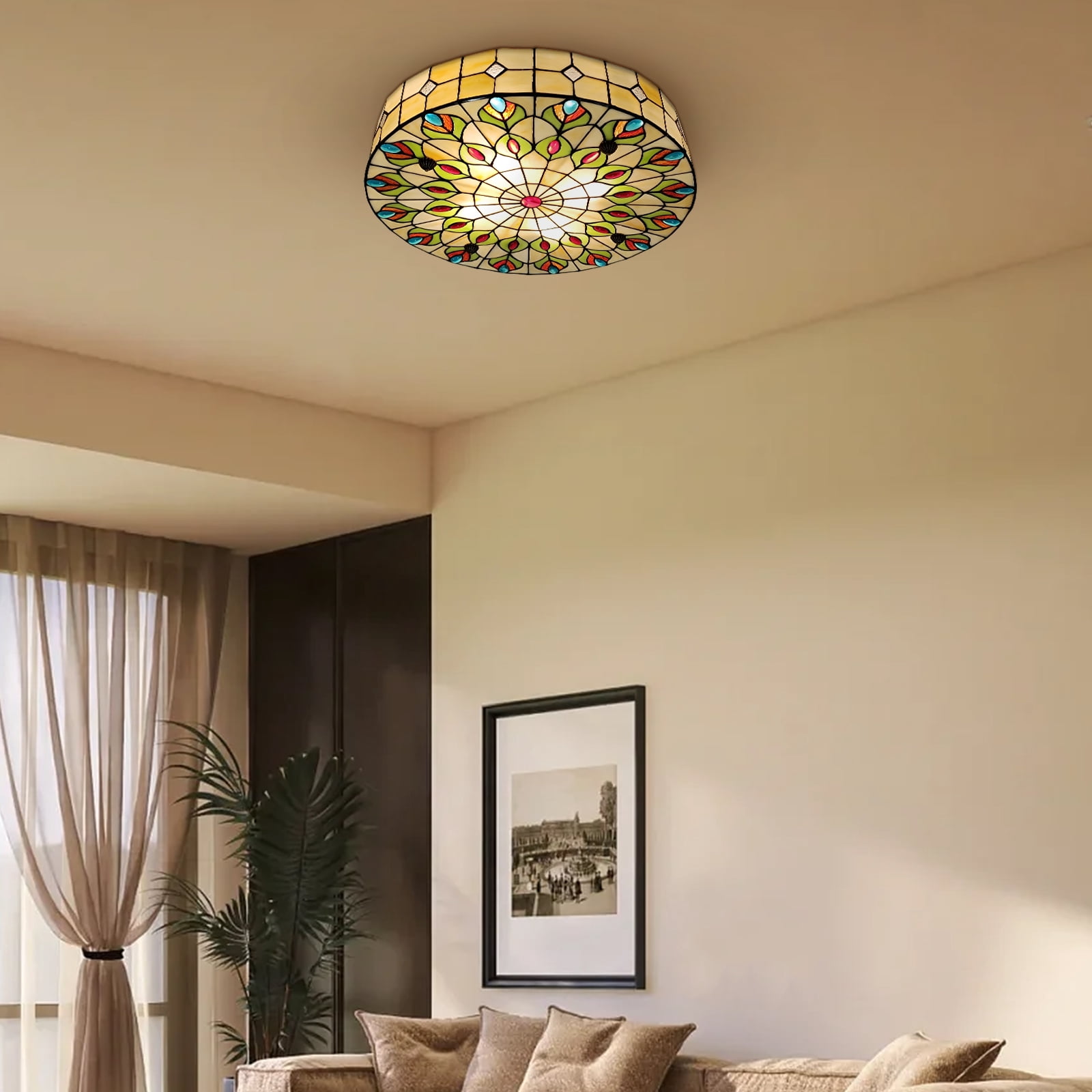 Vintage 4-Light 20" Stained Glass Flush Mount Ceiling Light E26 Bulb Base