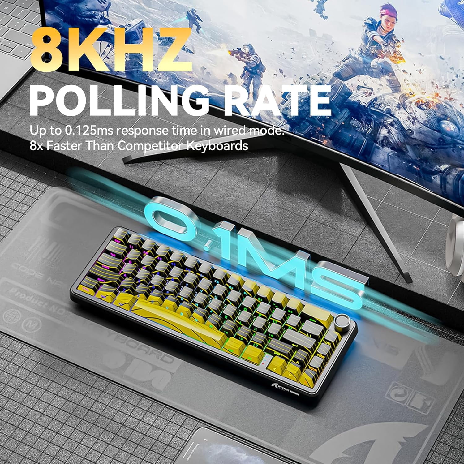 ATTACK SHARK X65PRO HE Rapid Trigger Wireless Gaming Keyboard, 0.01mm RT Accuracy 8000Hz Wired Keyboard with Magnetic Switch, Adjustable Actuation, Snap Tap, RGB Lighting for PC/Mac (Black Yellow)
