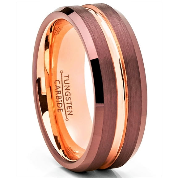 Tungsten Rings for Men Wedding Bands for Him Womens Wedding Bands for Her 8mm Brushed Brown Rose Gold Groove Stripe
