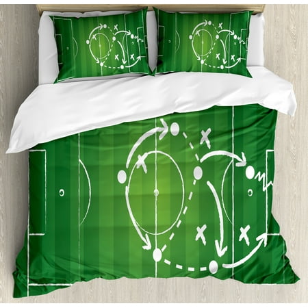Soccer Duvet Cover Set, Game Strategy Passing Marking Dribbling towards Goal Winning Tactics Total Football, Decorative Bedding Set with Pillow Shams, Green White, by