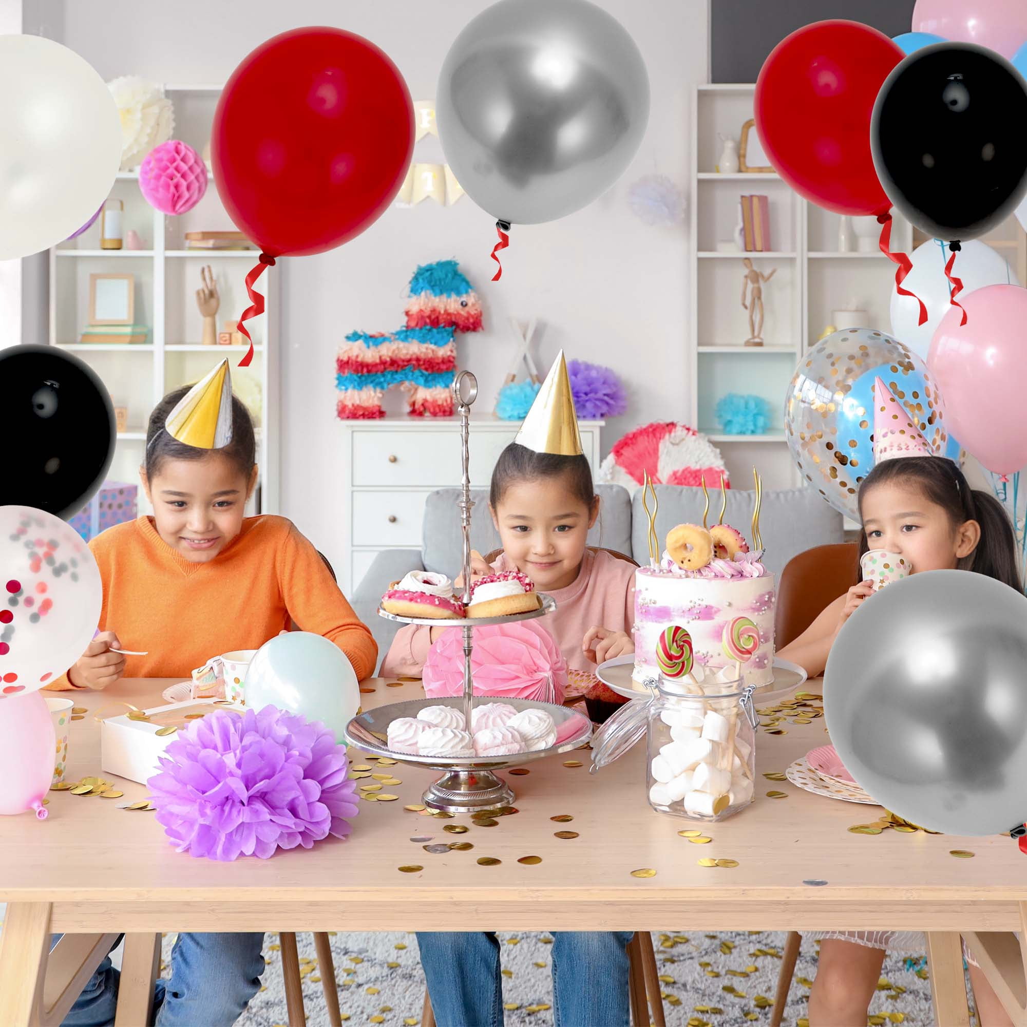 Unique Bargains Latex Party Balloons with Ribbon Red White Black Silver 12Inch 50Pcs
