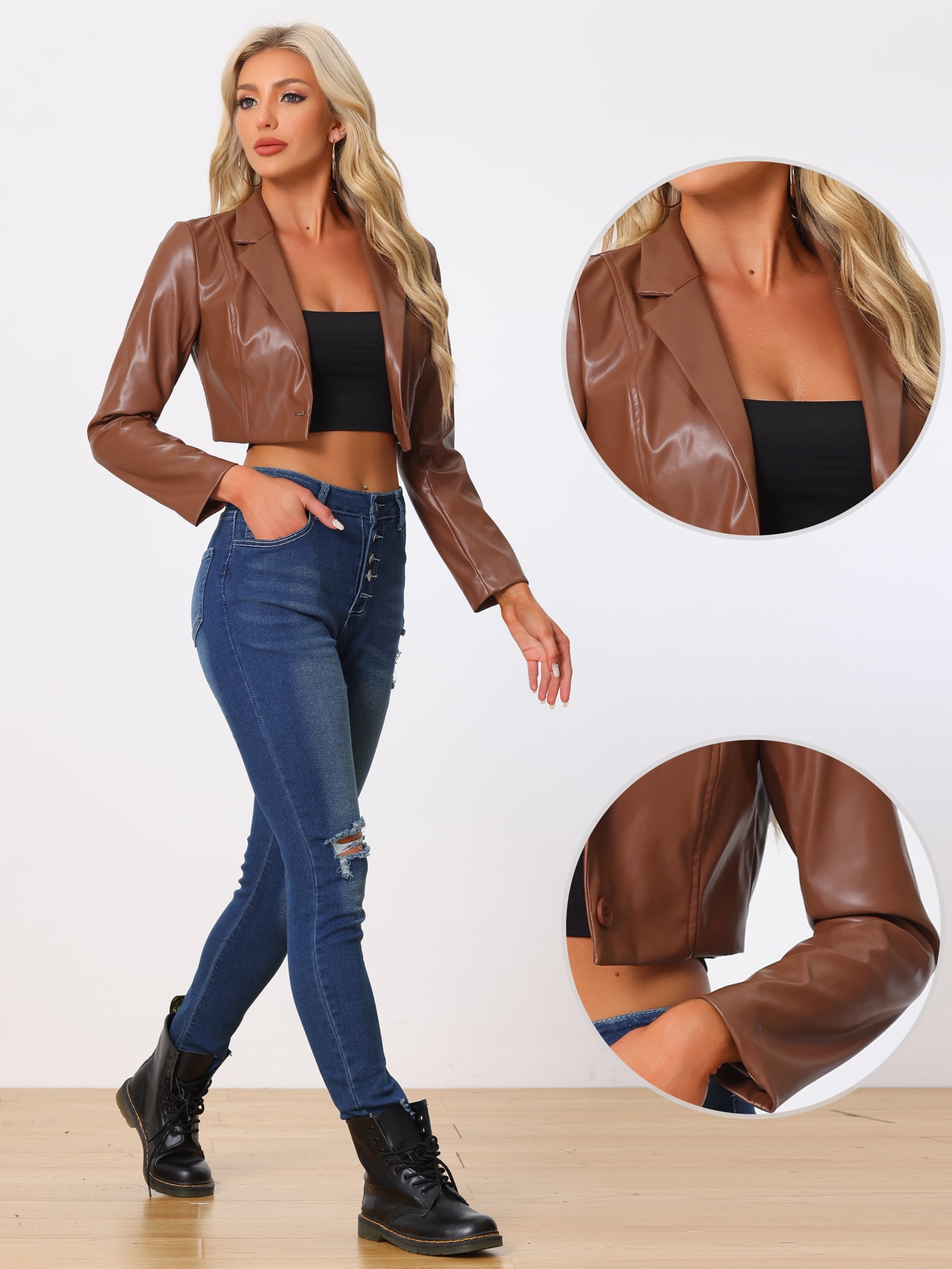 DARING DIVA Women's Single Breasted Blazer Moto PU Fashion Jacket S Brown