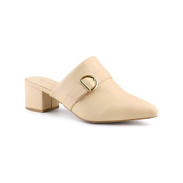 BLISSFUL STEP Women's Shoes Buckle Strap Pointed Toe Chunky Heel PU Vamp Mule Shoes Beige 6