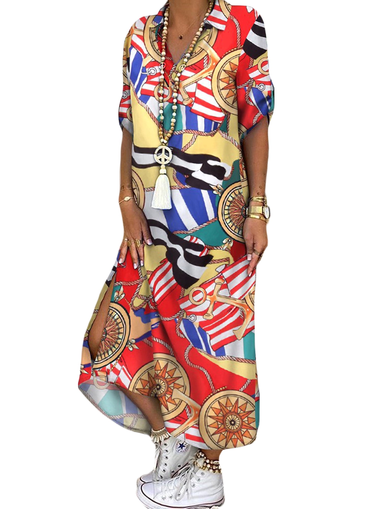 S-5XL Womens Bohemian Shirt Dress Holiday Party Gown Maxi Long Polka Dot Vestido