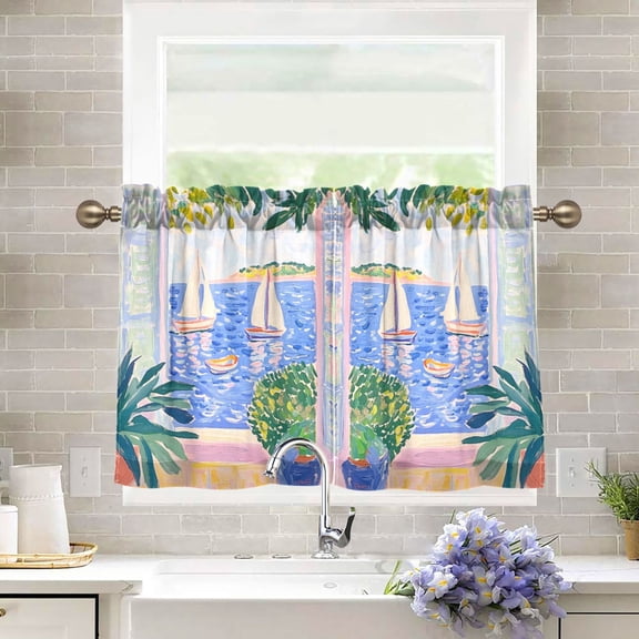 Yayeee Kitchen Curtains Tier Pair Light Filtering 27"x36" Rod Pocket Short Cafe Window Panel, Seaside Boat