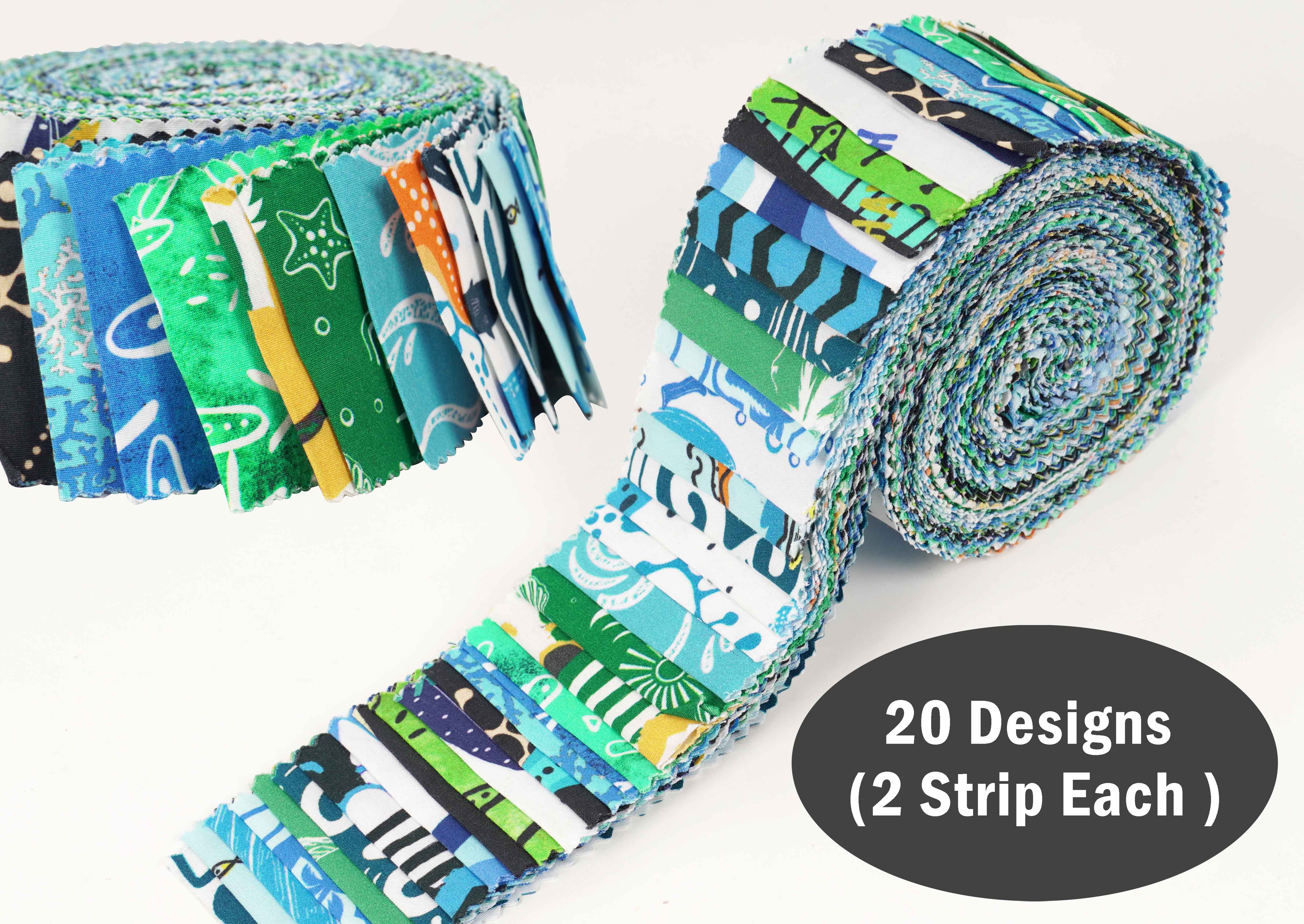 Soimoi 40Pcs Beach Print Cotton Precut Fabrics For Quilting Craft Strips 2.5x42 inches Jelly Roll - Blue & Green