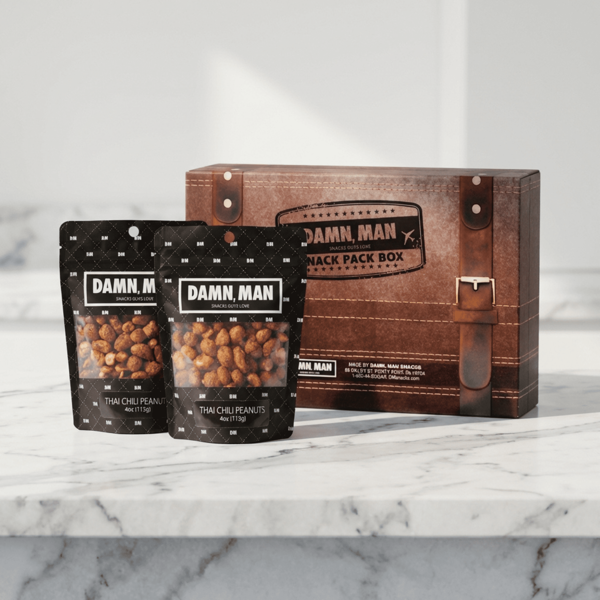 Damn, Man Thai Chili Peanuts Snack Pack Gift Box - 4 Bags Gourmet Nuts - 4 oz. Each - 1 lb Total