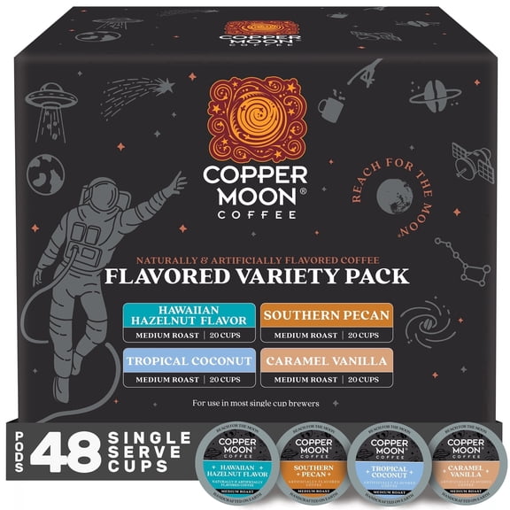 Copper Moon Coffee Variety Flavored Pack 48ct K-Cups Pods (Caramel Vanilla, Tropical Coconut, Hawaiian Hazelnut, Southern Pecan)
