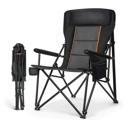 Oversized Folding Camping Chairs for Adults, High Backrest Heavy Duty Lawn Chairs Support 500 LBS Portable Collapsible Camp Chairs with Cup Holders,Side Pocket, Black