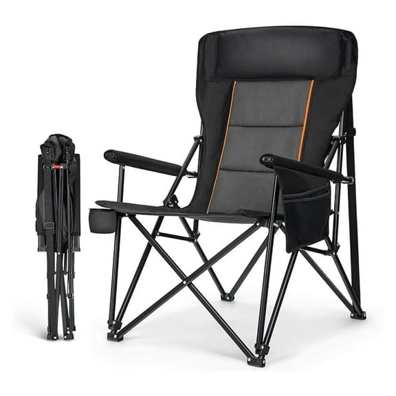 Oversized Folding Camping Chairs for Adults, High Backrest Heavy Duty Lawn Chairs Support 500 LBS Portable Collapsible Camp Chairs with Cup Holders,Side Pocket, Black