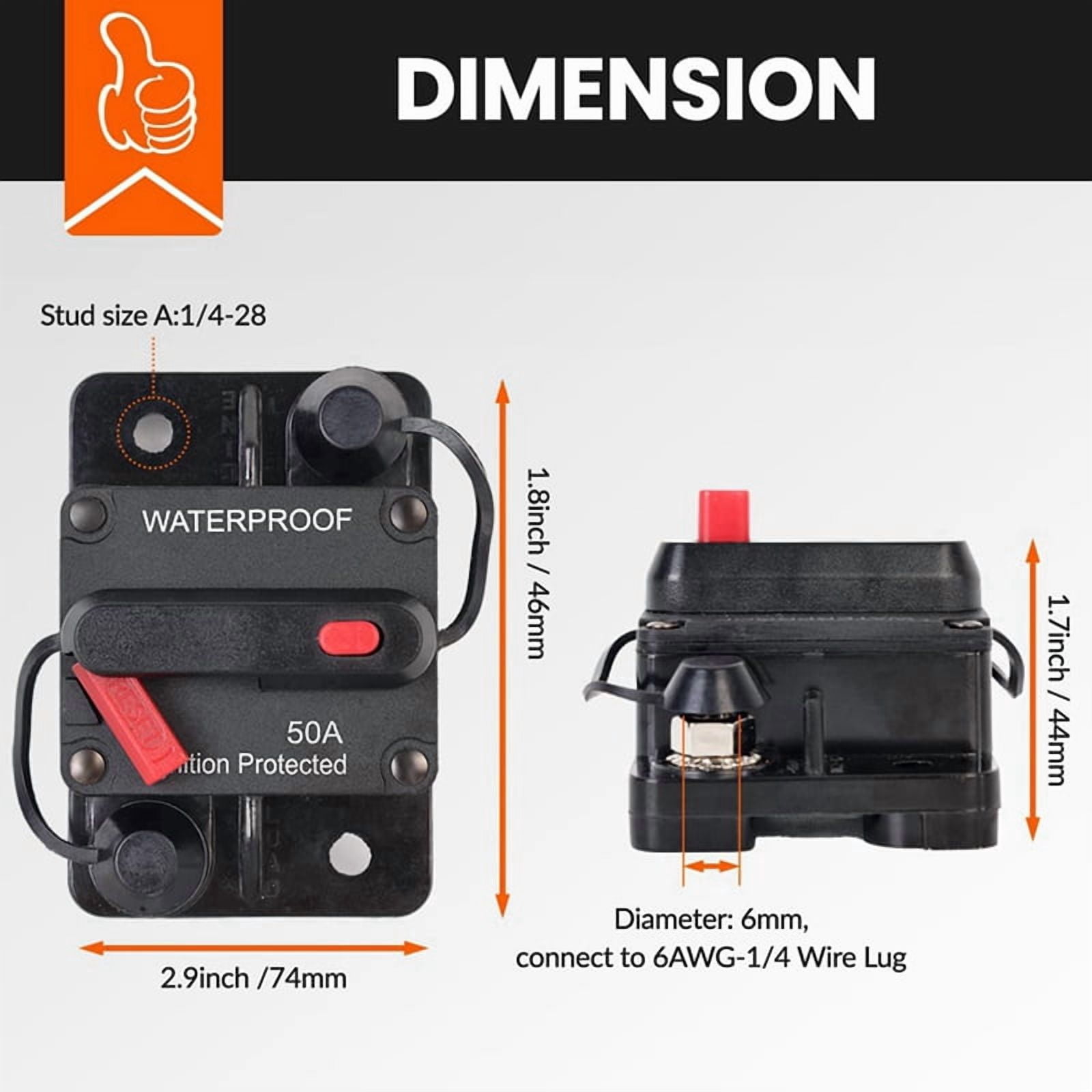 2X 50 Amp Automotive Circuit Breaker with Manual Reset, Waterproof Fuse Holder for Trolling Motors, Boats and Automotive