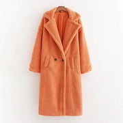 hoksml Womens Long Teddy Sherpa Fleece Coat Solid Color Notched Lapel Loose Thickened Warm Winter Jacket with Pockets