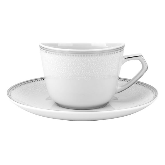 Cmielow, 12-pieces Tea Set with Lacy Silver Trim, Elegant White 8 oz (210 ml) Tea Cup and 6" (15.5 cm) Sauser, Set for 6