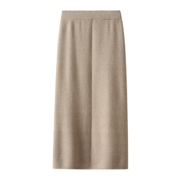 Gibobby faldas aesthetic Falda de mujer Falda recta de lana de cintura alta con ventilación en la espalda de color sólido simple(Caqui, Talla única)