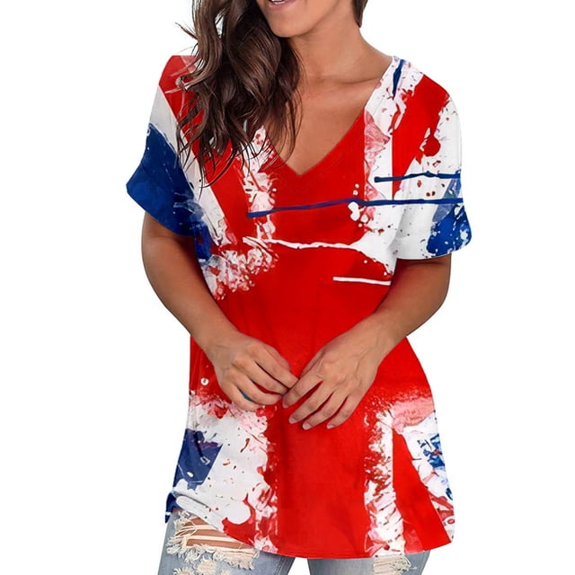 Hauts à Col en V pour Femmes T-Shirts à Manches Courtes Imprimés Col Rond Blouse Ample Blouses à Manches Courtes pour Femmes