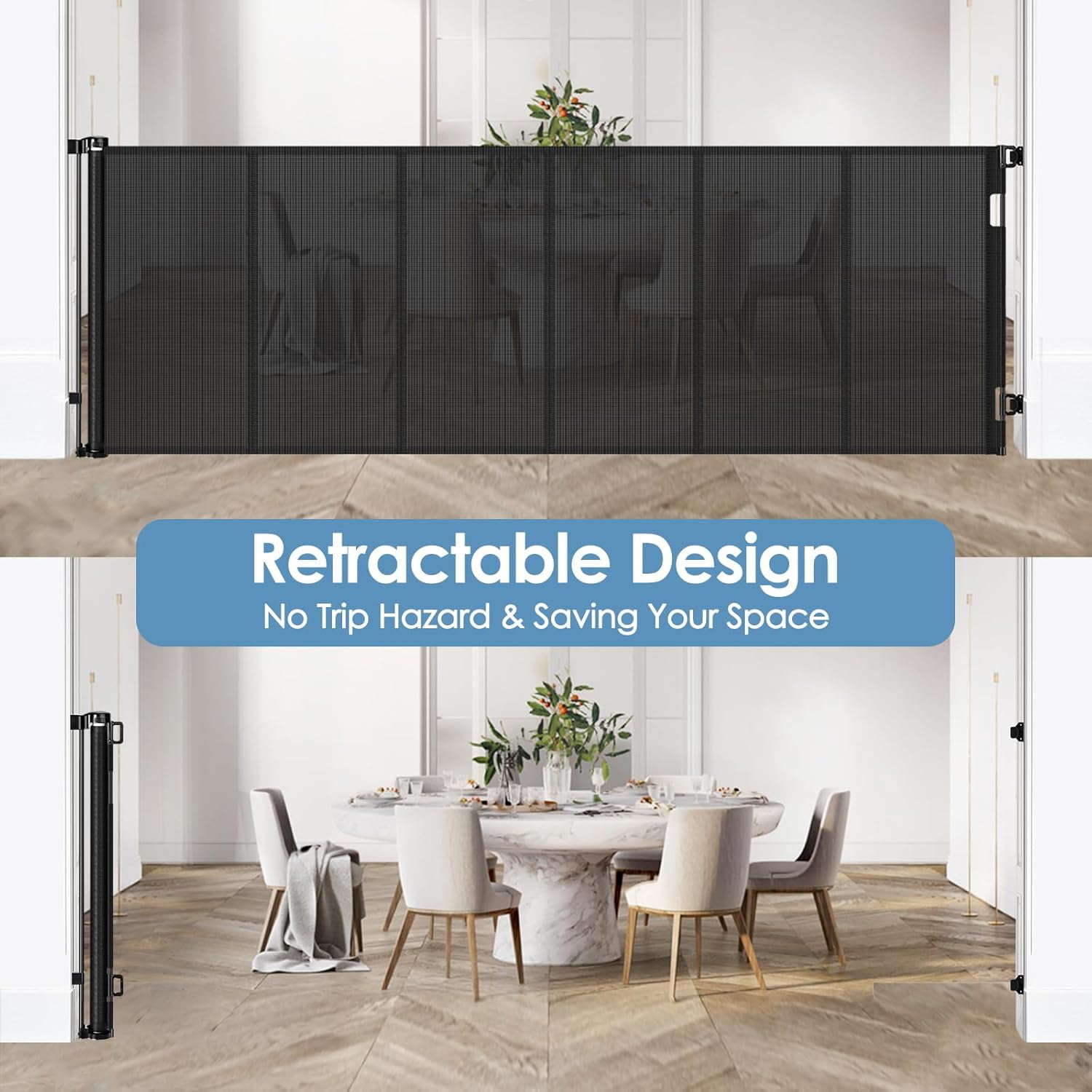 100” Wide Retractable Baby Gate with Support Rods, Upgrade Extra Wide Dog Gate Retractable Pet Gate to Prevent Crawling Through, Indoor/Outdoor Mesh Gate for Large Openings (Black)