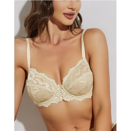 Deyllo Women s Push up Lace Bra Unlined Plus Size Wired Support Unpadded See-Though Bra  Beige 32G