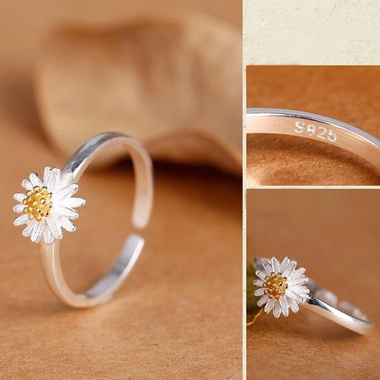 Sterling Silver Sunflower Daisy Finger Ring Adjustable Exquisite Women Gifts