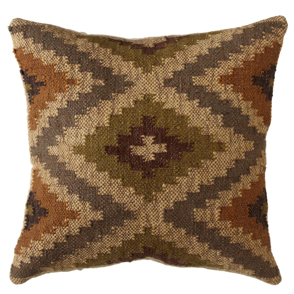 18" Olive Green, Tan and Gray Tribal Kilim Cotton Square Throw Pillow