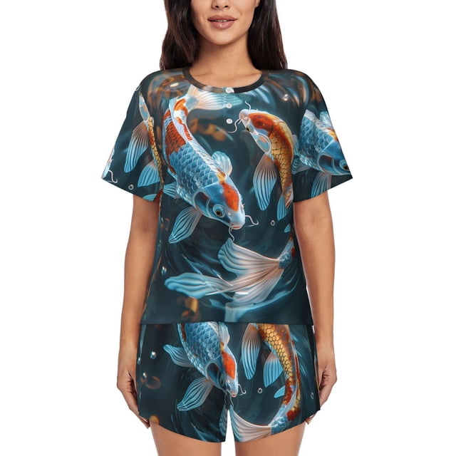 Balery Cute Koi Fish Serenity Conjunto de Pijama para Mujer con Estampado, Dos Piezas de Manga Corta y Shorts, Ropa de Dormir Suave con Cuello Redondo y Bolsillos-X-Large