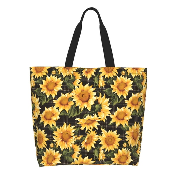 Balery Vintage Black Plaid Sunflower Bolsa Tote Estilo Estético con Cremalleras, Bolsa de Hombro, Bolsa de Compras Grande y Plegable