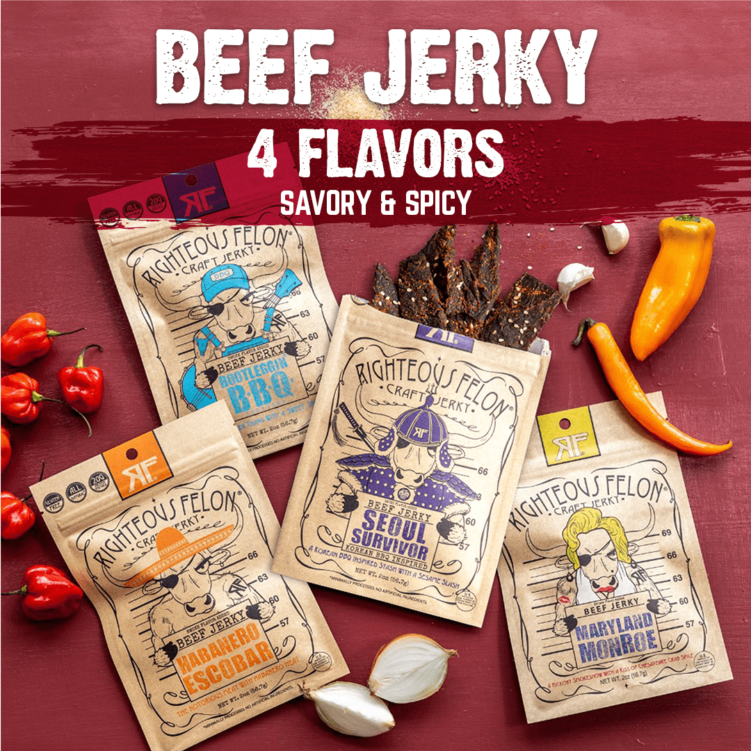 Righteous Felon Spicy Beef Jerky 4 Pack - Low Sugar, High Protein, Gluten Free Gifts for Men