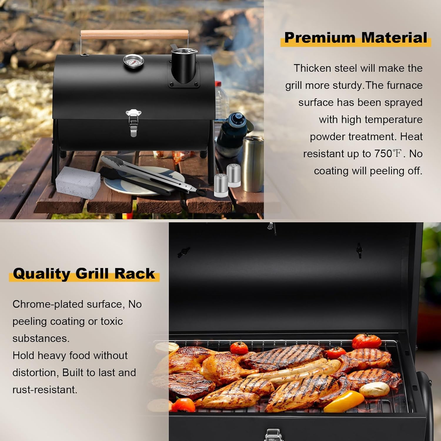 Portable Charcoal Grill Set, Small Tabletop Barbecue Grill with Accessories Tools for Outdoor Camping BBQ Grilling Backyard Party Cooking, Heavy Duty & Innovative Design, Thermometer &Chimney