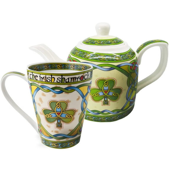 Royal Tara Set of 1 Irish Shamrock Coffee Cup/Mug & 1 Shamrock Porcelain Teapot | Celtic Knots Design Gift