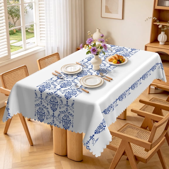 Nanqianyi Classic Blue Porcelain Pattern Rectangle Tablecloth,70x52 Inch,Polyester Waterproof Table Cover For Kitchen Dining