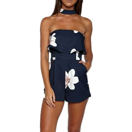 - Floral Print Women Casual Sleeveless Halter Shorts Jumpsuit