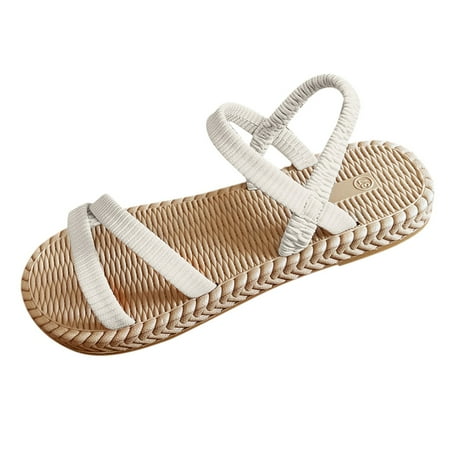 

CLZOUD Vacation Sandals for Women Beige Womens Flat Shoes Elastic Band Casual Bohemian Sandals Beach Sandals Flip Flops 38