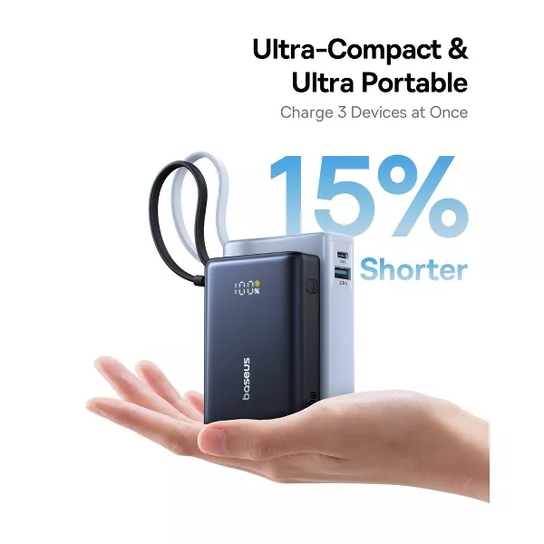 Baseus 10000mAh Power Bank,45W Portable Charger with Built-in USB-C Cable 3-Output LED Display, Fast Charging External Battery Pack Picogo Powerbank, Black