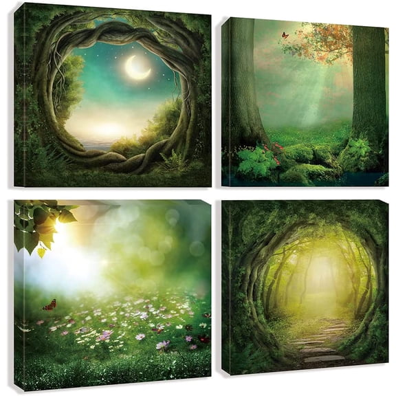 Green Forest Wall Art Prints Funny Wonderland Canvas Paintings 4 Pieces Nature Landscape Pictures Fairyland Artwork for Nursery Living Room Bathroom 12"x12"