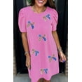 thumbnail image 2 of Trendy Women's Bright Pink Graphic Tee Dress - Sequin Bow Detail and Short Puff Sleeves | [ZhiHiMeRi] | (US 8-10)M, 2 of 9