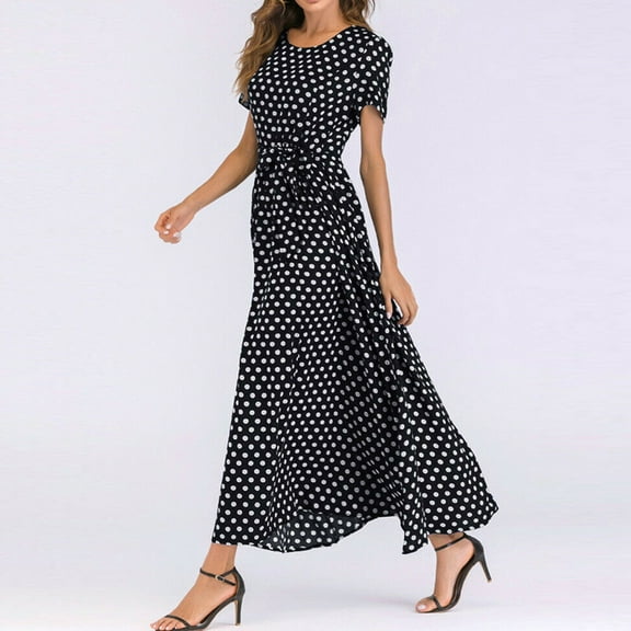 Zpanxa Dresses for Women Fashion Women O-Neck Short Sleeve Beach Polka Dot Bandage Long Maxi Dress Womens Dresses Black Dress XXL