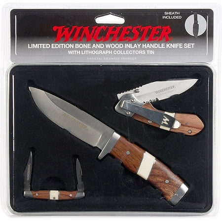 Winchester Limited Edition, Bone and Wood Inlay Handle, 3-Knife Set with Lithographed Collector's Tin