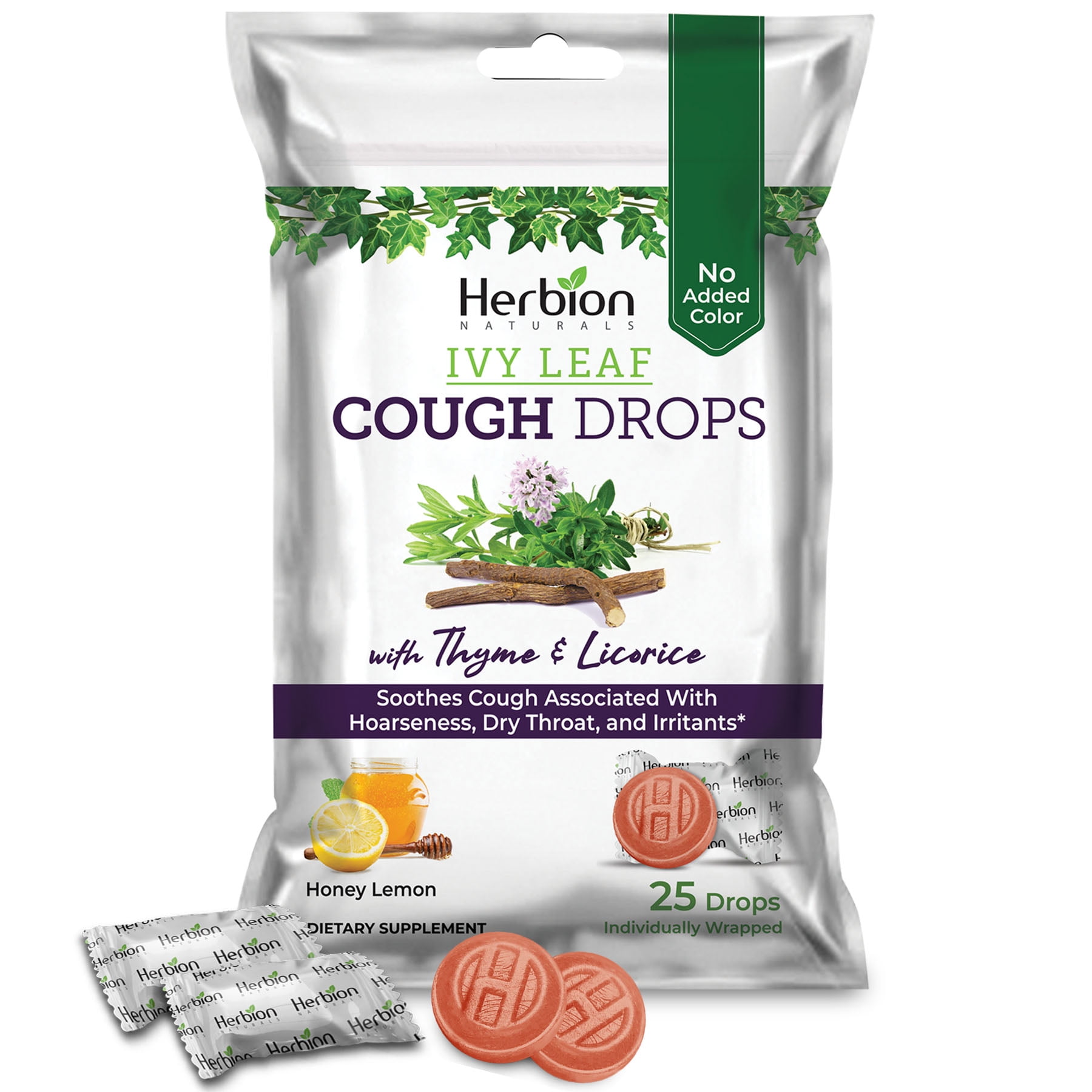 Herbion Naturals Ivy Leaf Cough Drops with Thyme & Licorice, Natural Honey Lemon Flavor, Dietary Supplement, Soothes Cough, For Adults and Children Over 6 Years, 25 Drops, No Artificial Flavor.