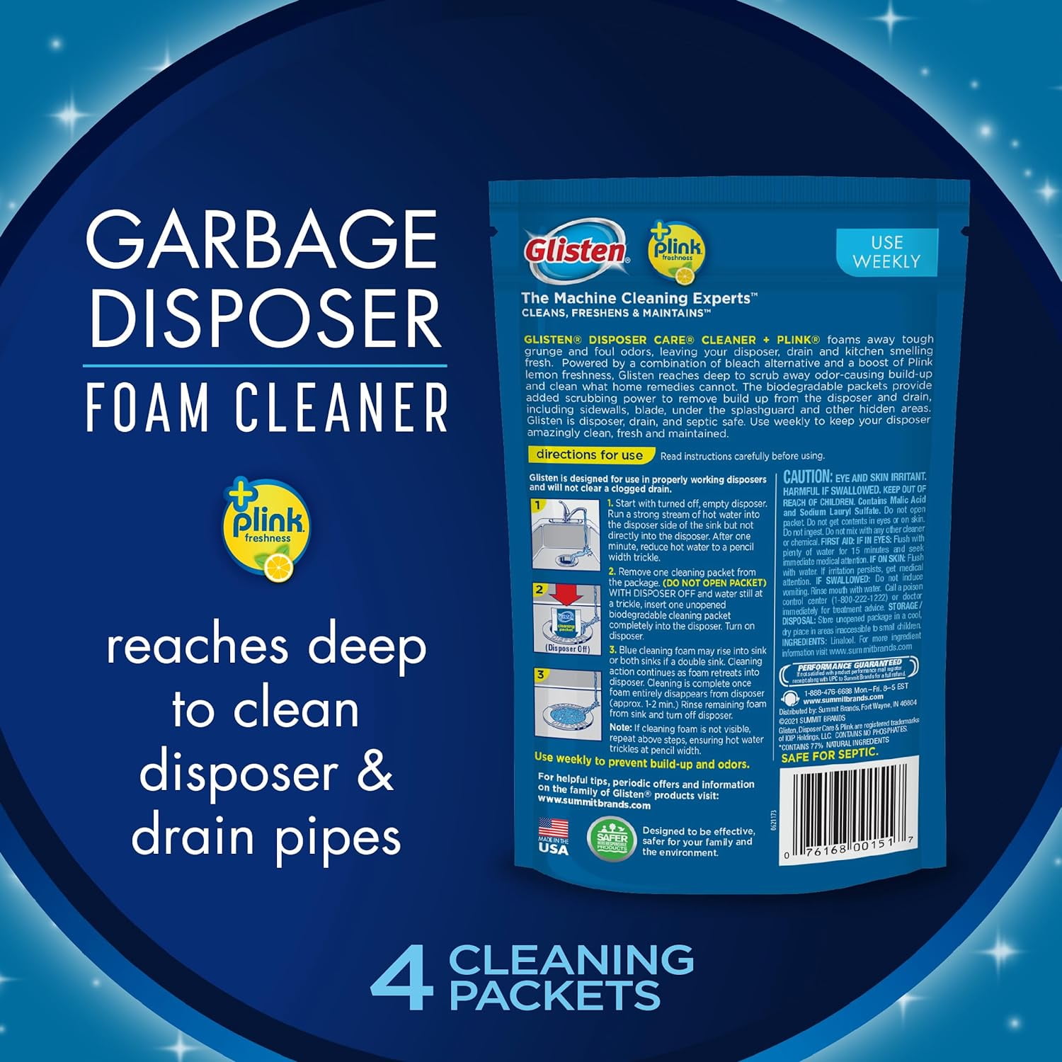 Glisten Garbage Disposer Cleaner and Freshener with Foaming Action, Sink Disposal Odor Eliminator Helps Remove Build-Up in Drain Pipes, Lemon Scent, 4/Pack, Pack of 6