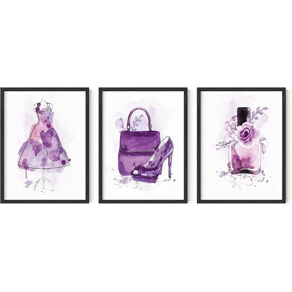Purple Wall Art Decor Set of 3, Fashion Wall Art, Wall Prints for Bedroom Aesthetic, Purple Wall Decor Glam Wall Art, Fashion Art Print Purple Pictures Wall Decor (UNFRAMED, 12x16)