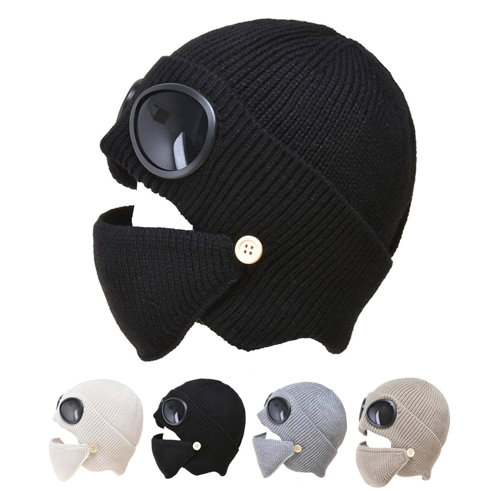 Unisex Winter Ski Beanie Hat with Goggles and Detachable Mask, 3-in-1 Unisex Knitted Goggles Beanie, Ski Mask with Goggles