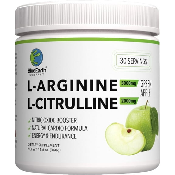 BlueEarth Company L-Arginine 5000mg, L-Citrulline 2000mg Supplement Powder, Nitric Oxide, Blood Pressure Support, Heart Health, Cardiovascular, Green Apple 30 Servings