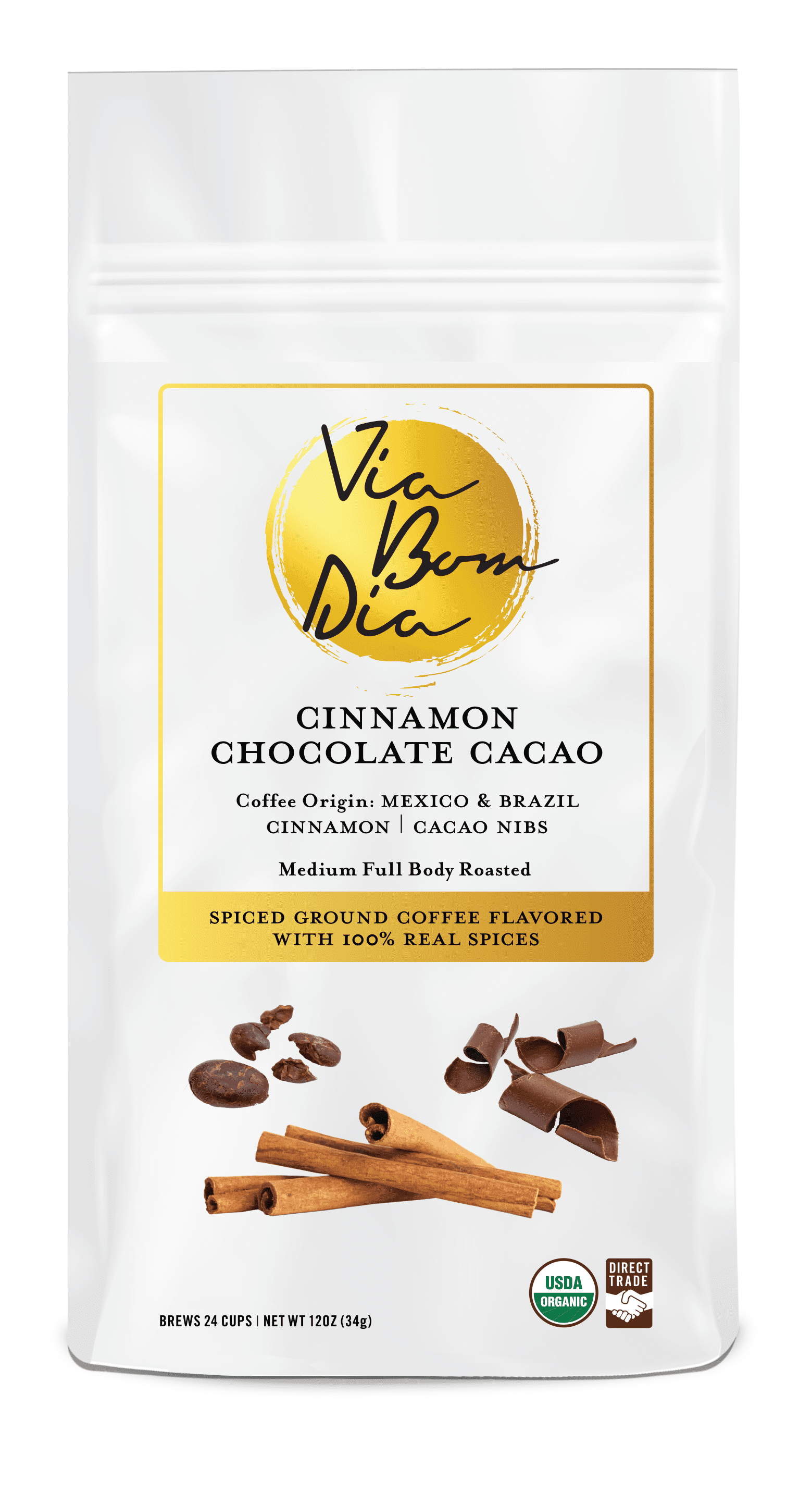 Via Bom Dia Naturally Flavored Ground Coffee Cinnamon Chocolate Cacao 12oz  