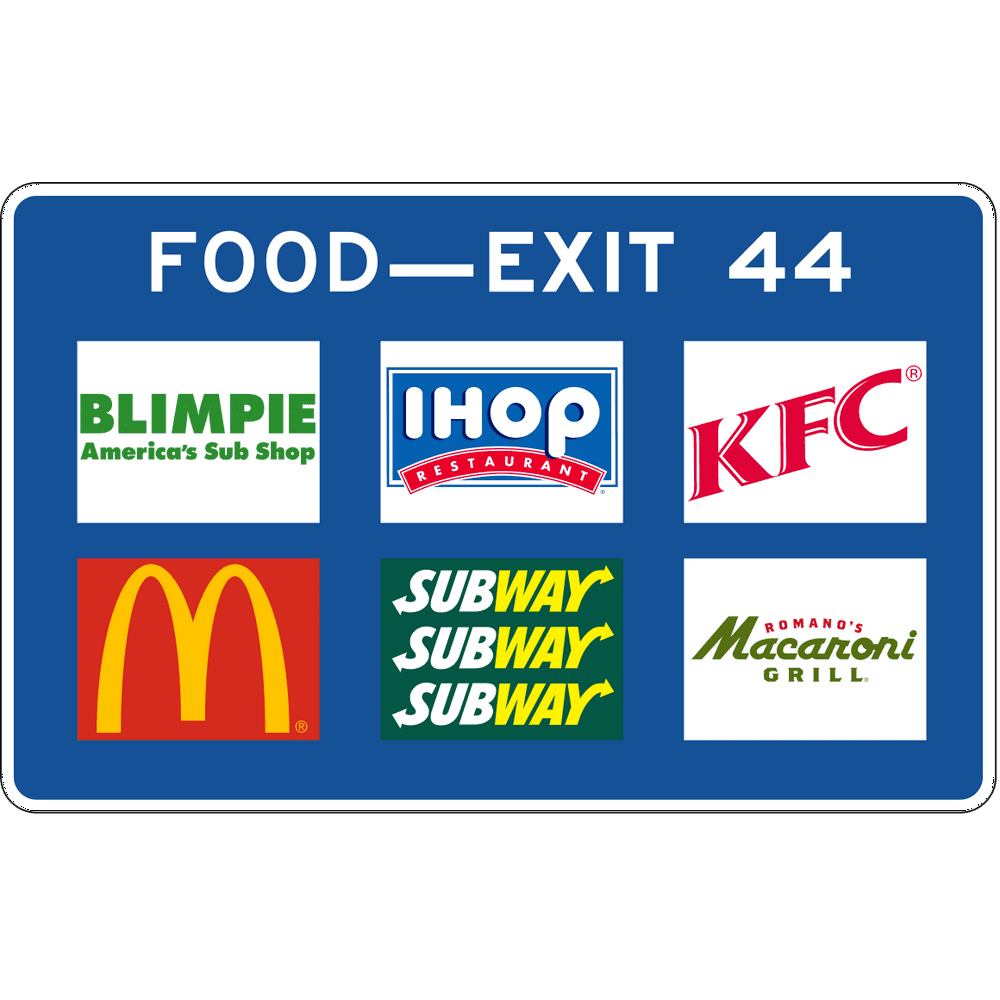 Traffic Signs for food, gas, lodging, etc. Specific service signs 12