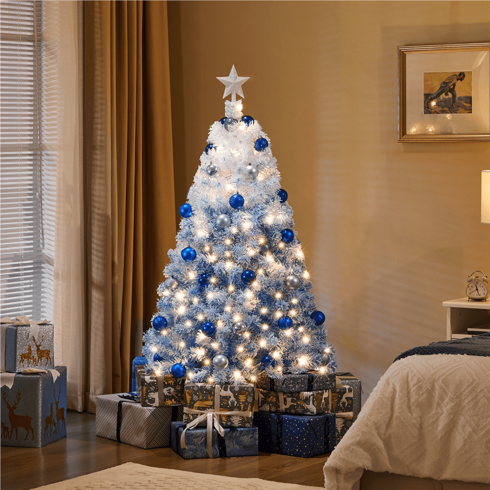 Alden Design 4.5ft Pre-lit Flocked Artificial Christmas Tree with Foldable Stand, Lake Blue Gradient