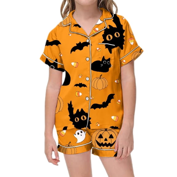 Shadoumai Big Teen Halloween Pajamas Silk Button Up Ghost Print Short Sleeve Button Shirt Shorts Pajama Set Comfy Home Clothes Sleepwear for Teens