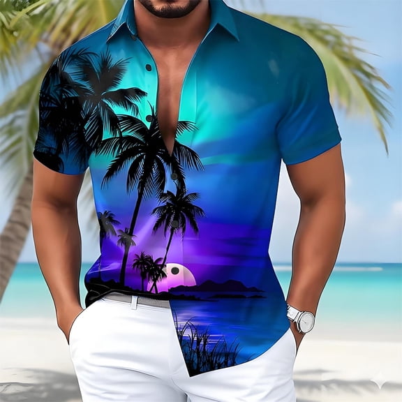 BUWTTED Shirts for Men Hawaiian Beach Tropical Print Short Sleeve Button Down Loose Summer Casual Holiday Vacation Breathable Blue Shirt L