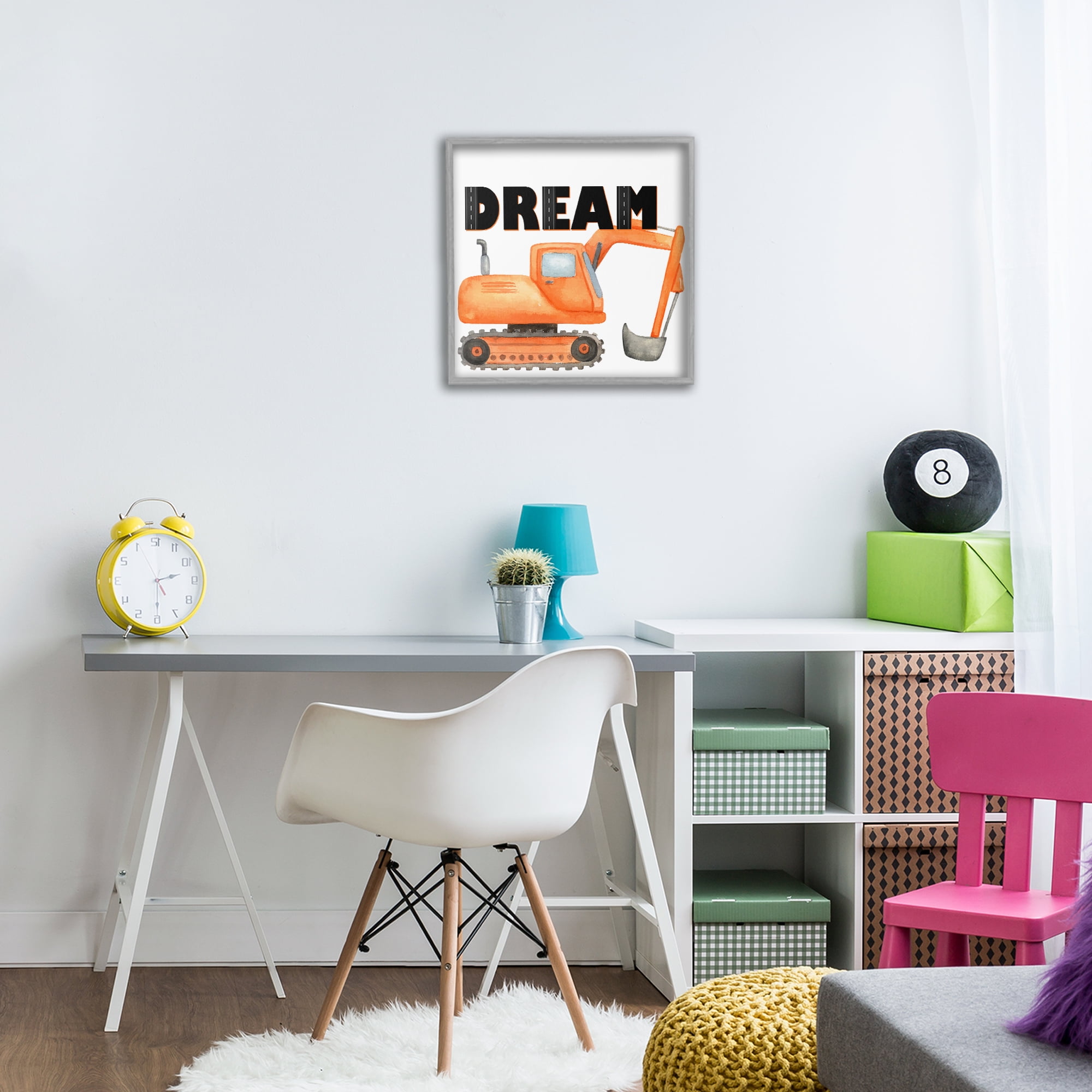 Dream with Orange Excavator Gray Framed Giclee Art, design by Kim Allen